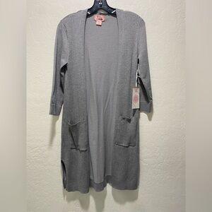 Lovecode size medium Gray Long Cardigan three-quarter sleeve with Pockets